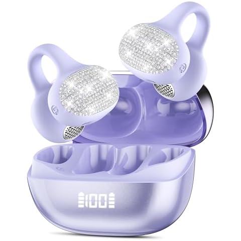 Jewelry Inspired Clip On Earbuds, Open Ear Headphones Bluetooth 5.4 Wireless Earbuds with Crystal Diamond Design, Waterproof Ear Buds Noise Cancelling, Romantic Valentine’s Day Gift for Women Purple Cover