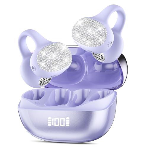 Jewelry Inspired Clip On Earbuds, Open Ear Headphones Bluetooth 5.4 Wireless Earbuds with Crystal Diamond Design, Waterproof Ear Buds Noise Cancelling, Romantic Valentine’s Day Gift for Women Purple