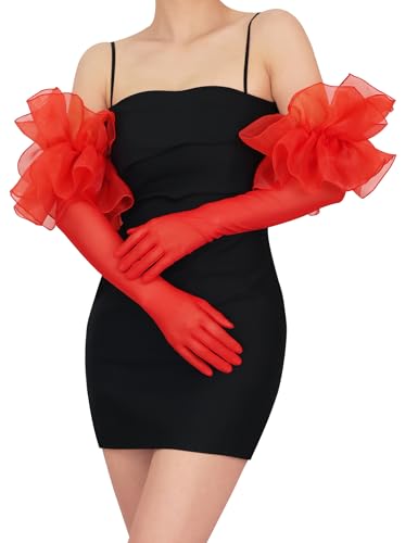 Womens Extra Long Stretchy Mesh Gloves Elbow Length Opera Gloves with Layered Large Ruffle Cuff Wedding Party Red