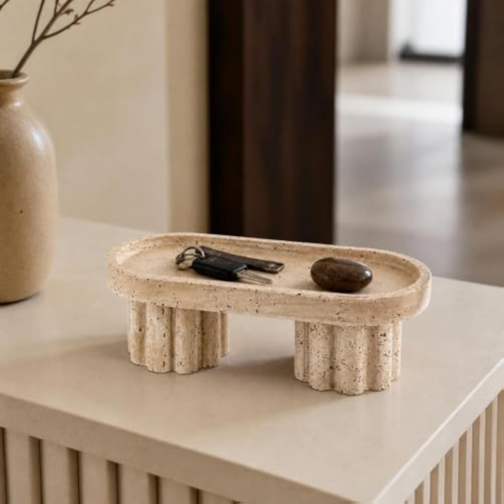 Fluted Pedestal Tray, Versatile Travertine Design
