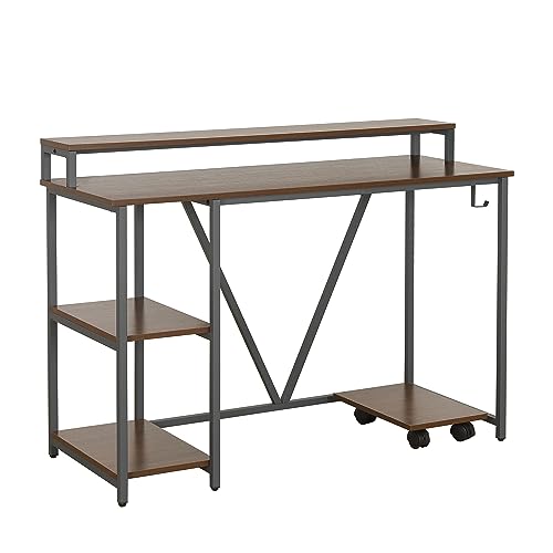 Techni Mobili Computer Desk - Industrial Writing Desk with Storage Shelves, Monitor Stand, & Accessory Holder - Home Office Laptop Computer Table with CPU Caddy & 2-Tier Small Bookshelf Space - Walnut