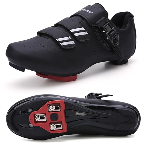 Mens Womens Cycling Shoes Compatible with Pelaton Bike Shoes Road Bike Shoes Riding Bicycle Pre-Installed with Delta Cleats Clip Indoor Outdoor Pedal Size 4 Black