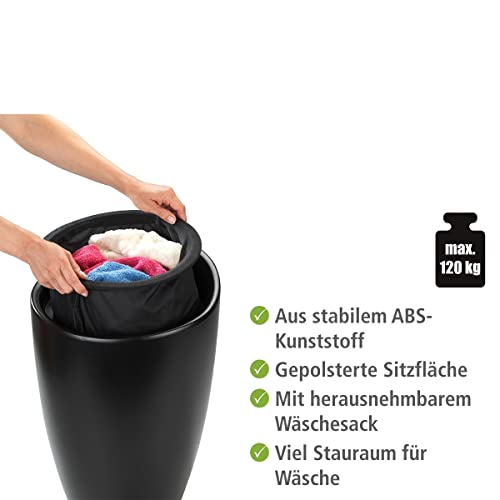 WENKO Badhocker Candy Schwarz matt, Sitzgelegenheit, Hocker mit Stauraum für das Badezimmer und Wohnzimmer, integrierter Wäschesammler, ABS-Kunststoff, BPA-frei, Fassungsvermögen 20 L, Ø 36 x 50,5 cm
