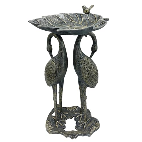Oakland Living Cast Aluminum 30-in Twin Crane Silver Gold Bird Bath with Leaf Bowl