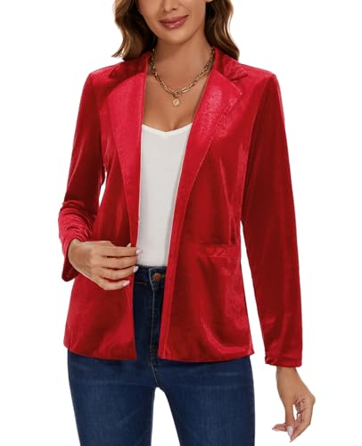 Image of MINTLIMIT Women's Velvet Suit Blazer Jacket Casual Office Work Long Sleeve Button Pockets Tailored Jacket Coat Blazer (Red XL)