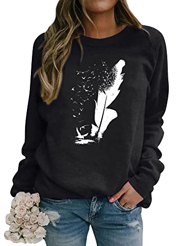 Image of Dresswel Womens Feather Print Sweatshirt Crew Neck Long Sleeve Tops Jumpers for Ladies Teenage Girls