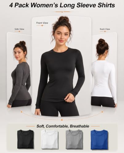 Image of 4 Pack Women's Compression Shirts Long Sleeve Workout Athletic Top | Moisture Wicking Quick Dry, Four-Way Stretch, Sun Protection, Opaque, Running Yoga Gym Bike, Crew Neck Underscrub Baselayer