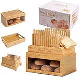 3-in-1 Bread Slicer set for Homemade Bread with Storage Box and Bread Serving Tray for Homemade Bread - Upgrade Bamboo Wooden Bread Slicer Kit - Adjustable Width, Crumb Tray, Cloth Bags