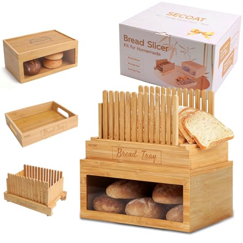 3-in-1 Bread Slicer set for Homemade Bread with Storage Box and Bread Serving Tray for Homemade Bread - Upgrade Bamboo Wooden Bread Slicer Kit - Adjustable Width, Crumb Tray, Cloth Bags by SECOAT - Used condition - US$29.69