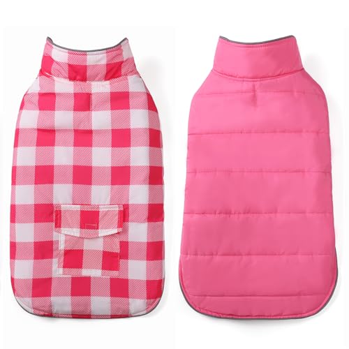 Letsompet Dog Winter Coat Waterproof Warm Jacket for Cold Weather Reversible Pet Outfit Puppy Vest with Harness Hole for Small Medium Large Dog Apparel Ideal for Hiking Running Skiing-Pink-L