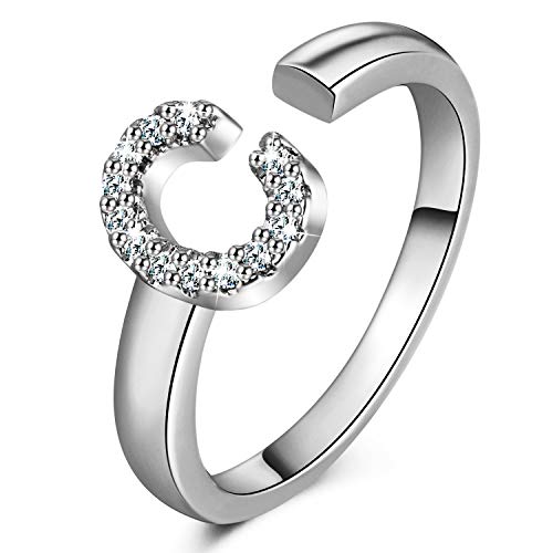 18K Gold Plated Personalized Initial Letter Rings Statement Adjustable Open Ring Fashion Charms Cuff Rings for Women Alphabet Letter A to Z Signet Ring Gift for Women (C-White Gold)