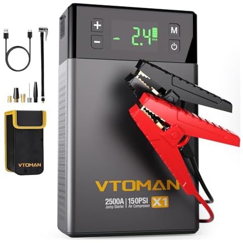 VTOMAN X1 Jump Starter with Air Compressor, 2500A Portable Battery Booster(Up to 8.5L Gas/6L Diesel Engines) with 150PSI Digital Auto Tire Inflator, 12V Car Lithium Battery Jump Box Pack Power Charger Cover
