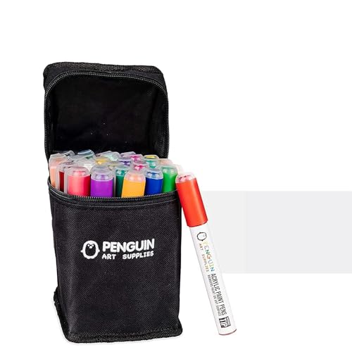 PENGUIN ART SUPPLIES 28 Dual Tip Acrylic Paint Pens: Craft Paint Markers for Painting Wood, Glass, and Halloween Decoration - Non Toxic Reversible Pen with 5mm + 3mm Fine Tip and Zipper Pouch
