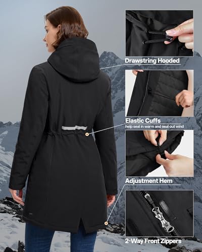 33,000ft Damen Wintermantel Lange Warme Winterjacke Parka Regenjacke Verdickene Funktionsjacke Mit Kapuze Übergangsjacke Outdoorjacke, Schwarz 2XL