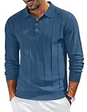 COOFANDY Men's Long Sleeve Polo Knit Business Casual Dress Sweater Textured Button Collared Sweaters with Collar Slim Fit Golf Pullovers Dark Blue