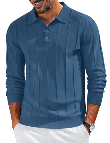 COOFANDY Men's Long Sleeve Polo Knit Business Casual Dress Sweater Textured Button Collared Sweaters with Collar Slim Fit Golf Pullovers Dark Blue
