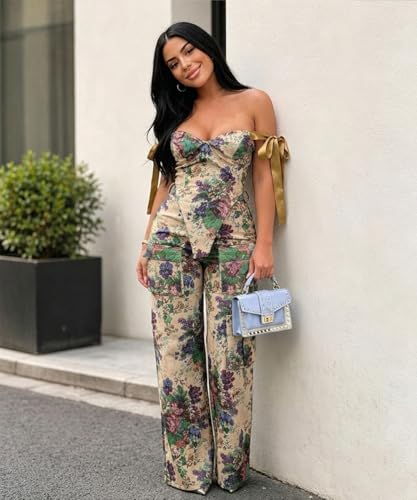 knowfashionstyle Sexy 2 Piece Sets For Women Going Out Sleeveless Croset Top And Wide Leg Pants Set Party Birthday Outfits Khaki Xl — view 2