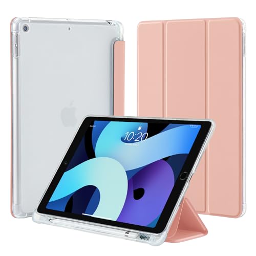 4UBonLife Hülle für iPad 9 8 7 Generation mit Stifthalter, Ultradünne Leichte Schutzhülle, Weich TPU Durchscheinend Rückseite Smart Cover für iPad 10,2 Zoll 2021/2020/2019, Roségold