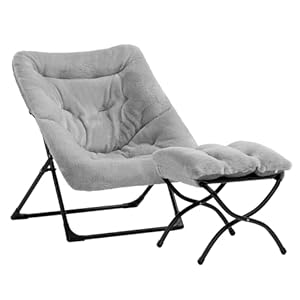 HollyHOME X-Large Saucer Chair with Foldable Ottoman, Comfy Oversized Folding Chair and Folding Footrest Stool Set, Faux-Fur Reading Chair and Footstool for Living Room, Bedroom, Grey Chair&Stool