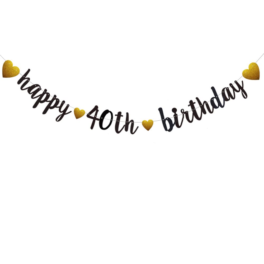 Happy 40th Birthday Banner, Pre-Strung,Black Glitter Paper Garlands for 40th Birthday Party Decorations Supplies, No Assembly Required,Black,