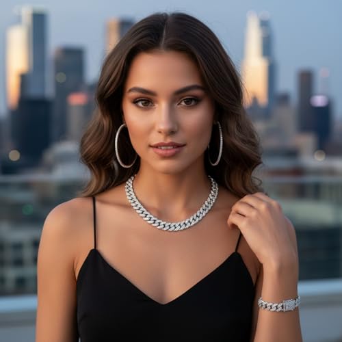 Batiyeer Cuban Link Chain Necklace Bracelet Rhinestone Earrings Bling Necklace Bracelet Crystal Big Circle Earring for Women