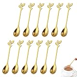 BONHHC 12 Stück Edelstahl Kaffeelöffel,Dessertlöffel,Blattform Kaffee Rührlöffel,Teelöffel,Zuckerlöffel,für Dessert,Tee,Milch,Kaffee(Gold)