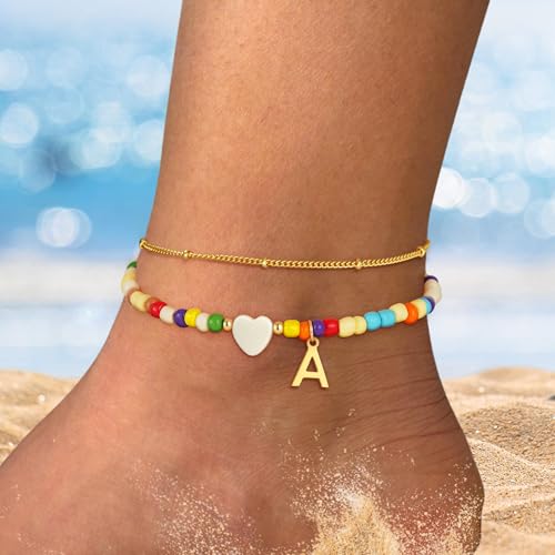 Image of Eaciy Colorful Initial Ankle Bracelets for Women - 14K Gold Plated Layered Heart Initial Anklets Bracelet Dainty A Letter Ankle Bracelet Colorful Layered Anklet Bracelet for Women
