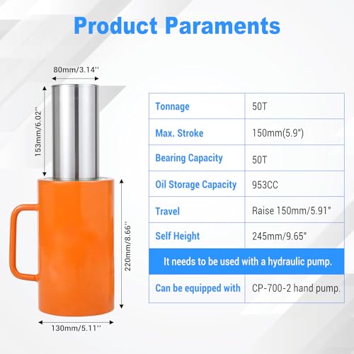 Image of 50T 6In Hydraulic Cylinder Jack, Stroke Hydraulic Lifting Cylinder 150mm, Oil Storage Capacity 953CC, Hydraulic Ram Cylinder Solid for Power, Chemicals, Steel, Bridges, Shipbuilding, Machinery