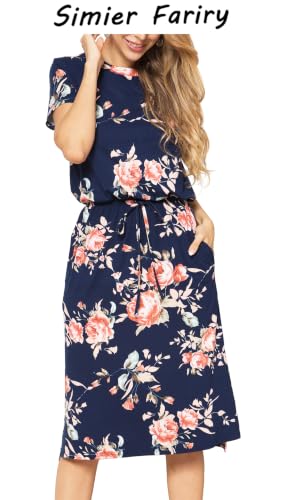 Image of Simier Fariry Womens Summer Hide Belly Knee Length Travel Dress Pocket Short Sleeve Midi Work Casual Outfits