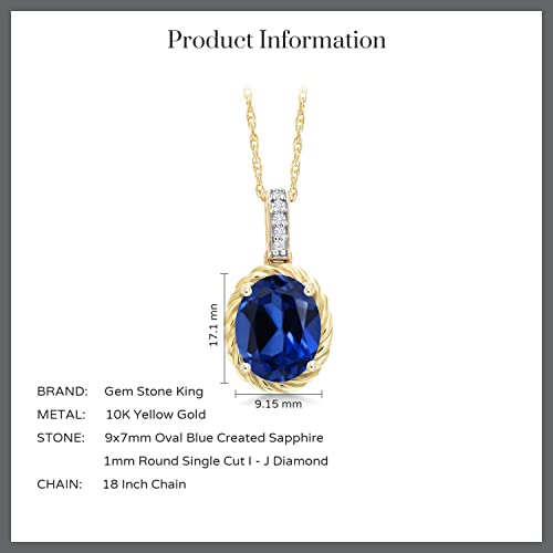 Gem Stone King 10K Yellow Gold Blue Created Sapphire And White Diamond Pendant Necklace For Women (2.34 Cttw, Oval 9X7Mm, With 18 Inch Chain) #TOP4