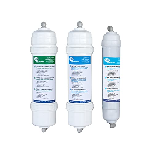 Pack de 3 filtros inline para equipos de Osmosis Inversa. Conexión rápida. Incluye cartucho de 1 sedimentos de 5 Micras, 1 cartucho GAC fosfatos y 1 postfiltro. Bbagua.