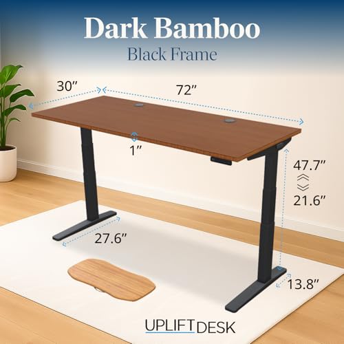 Image of UPLIFT DESK Dark Bamboo (72 x 30 inch) Standing Desk 2-Leg V3 Adjustable Stand Up C-Frame (Black), Advanced Keypad, Wire Grommets, Wire Tray, Rocker Board