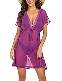 Avidlove Bikini Cover Up Boho Chiffon Tunika Strandponcho Sommer kurze Bat Ärmel Kleid Bluse Swimwear Tief V Ausschnitt Strandkleid ,Gr:- L ,Farbe:- Lila