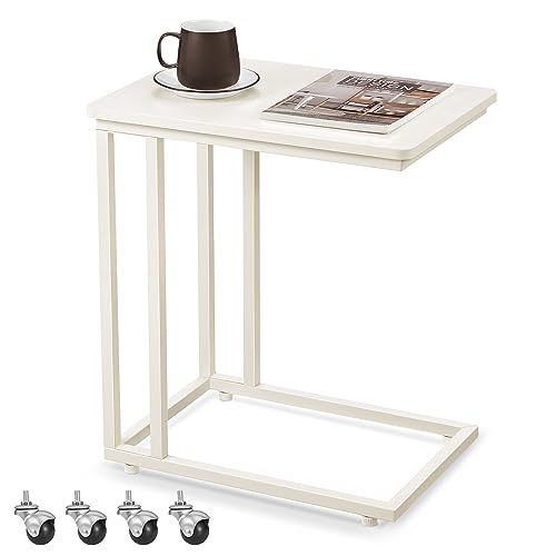 VASAGLE End Table, C Shaped TV Tray with Metal Frame Rolling Casters for Coffee Laptop Mobile Tablet, Industrial Side Table for Living Room Bedroom, 19.7 x 13.8 x 23.6 Inches, Cream White ULNT050W77 by VASAGLE - Used condition - US$23.57