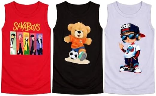 Boys Sleeveless Graphic T-Shirts, Pack of 3, Red Grey Black, Cotton Blend, Casual Wear