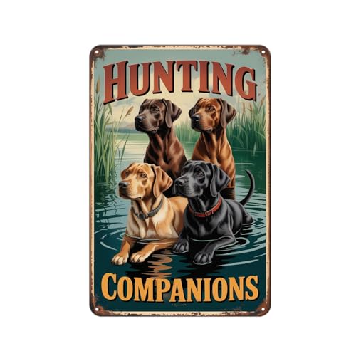 Hunting Dog Tin Sign, Vintage Metal Wall Decor 8x12