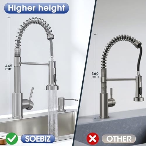 Image of Kitchen Faucet with Soap Dispenser, Brushed Nickel Kitchen Sink Faucet with Sprayer 304 Stainless Steel Single Handle Dual Function Spring Commercial for Farmhouse Camper Laundry RV Bar