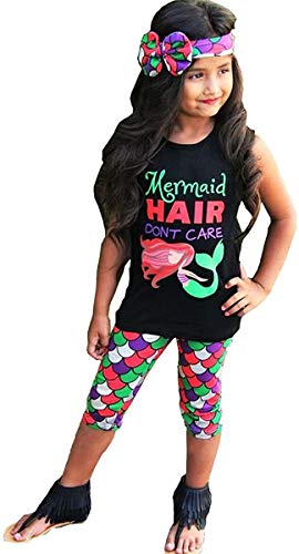 Mermaid Hair Don't Care 3Pc Toddler Baby Girls Cute Mermaid Print T-Shirt + Pants With Headband Outfit Clothing Sets (5-6 Years, Black) #TOP20