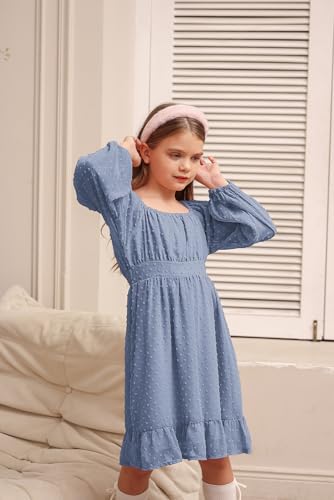 GRACE KARIN Girls Ruffle Tiered Dress Long Sleeve Swiss Dot Flowy A-Line Dress 6-12Y