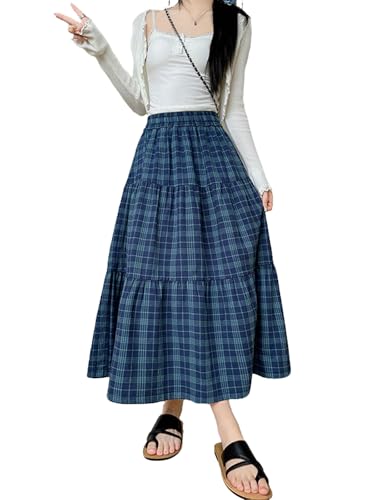 utcoco Womens Retro Preppy Plaid Midi Skirt Elastic High Waist Tiered Flared Ruffle A Line Long Skirt