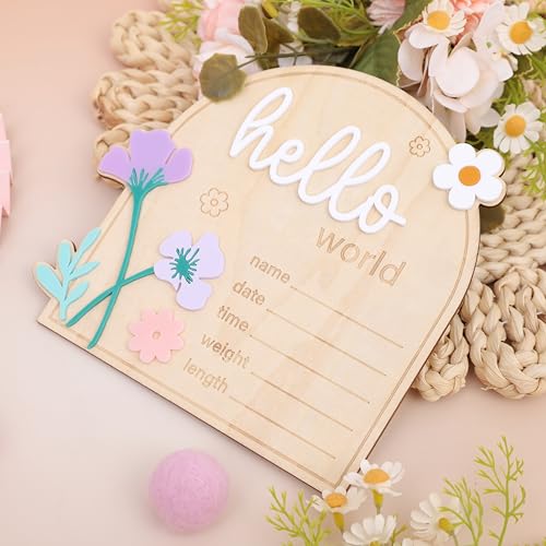 Image of Daisy Hello World Wooden Card - Baby Girls Birth Announcement Board,Newborn Information Record For Hospitals,Daisy Milestone Card Photo Props,Welcome Baby Party Nursery Decorations (hello world card)