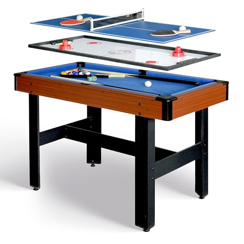 Hathaway Triad Multi Game Table - Space-Saving 48-in Pool Table with Lightweight Table Tennis and Glide Hockey Table Topper for Family Game Rooms - 3 in 1 Game Table with Complete Accessories - Blue