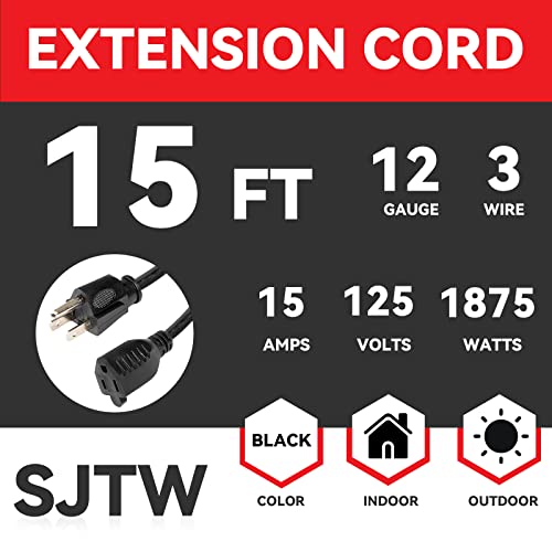 Ep 15 Ft Outdoor Extension Cord - 12/3 Sjtw Heavy Duty Black Extension Cable With 3 Prong Grounded Plug - Power Cord For Lawn, Garden, Appliances #TOP1