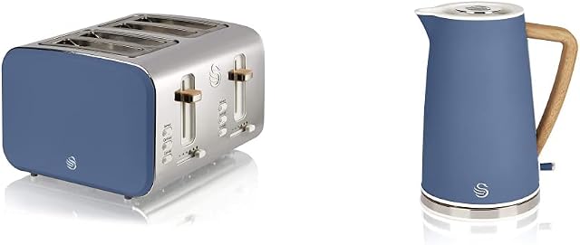 Swan Nordic 4 Slice Toaster, Blue, 1500W, Scandi Style, ST14620BLUN & Nordic Jug Kettle, 1.7 Litre, Blue, Rapid Boil, Wood Effect Handle, Soft Touch Housing and Matte Finish, 3KW, SK14610BLUN