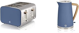 Swan Nordic 4 Slice Toaster, Blue, 1500W, Scandi Style, ST14620BLUN & Nordic Jug Kettle, 1.7 Litre, Blue, Rapid Boil, Wood Effect Handle, Soft Touch Housing and Matte Finish, 3KW, SK14610BLUN