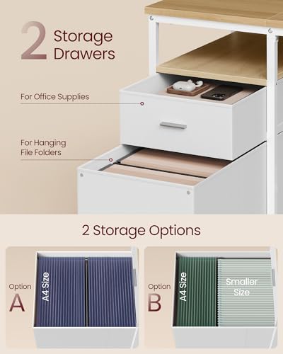 VASAGLE Computer Desk, Work Desk with Storage, 3 Shelves, 2 Drawers, 60 x 140 x 76 cm, for Home Office, Living Room, Modern Style, Natural Oak and Pearl White LWD104Y01