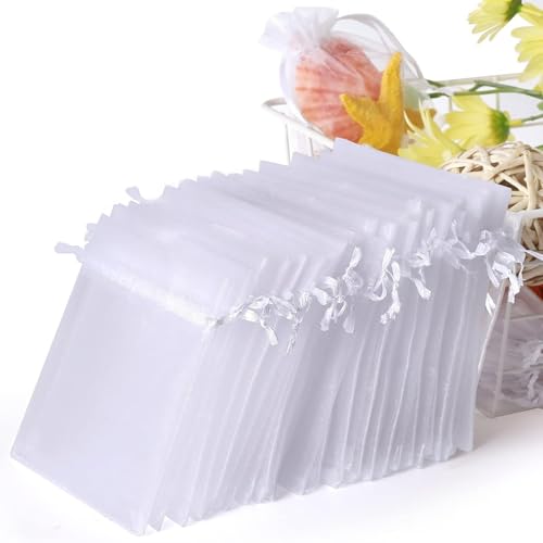 【98pcs】オーガンジー 巾着 ラッピング 袋 プレゼント 袋 小袋 小分け袋 誕生日 結婚式 バレンタイン お返し プレゼント 包装用 ホワイト ギフトバッグ プチ袋 ラッピング袋 プチギフト ジュエリー収納 ポプリ 小物入れ (白, 7x9cm*98pcs)の画像
