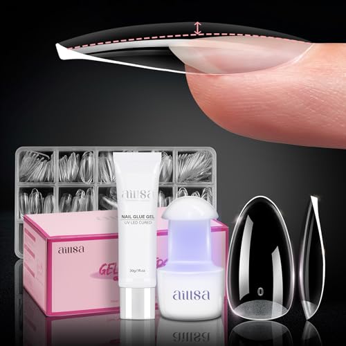 AILLSA Nail Extension Kit Medium Almond Nail Tips 224pcs, Solid Gel Nail Glue 30g for Acrylic Fake Nails, Gel Nail Tips Kit with Nail Lamp for Beginners DIY Home Salon