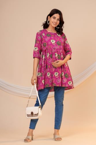 Image of THE Moon Star Women's Cotton Floral Printed Anarkali Maternity Feeding Kurti | Breastfeeding Dress for Mothers | Zipper Feeding Kurti, Nursing Kurti, Comfortable and Trendy Maternity Wear