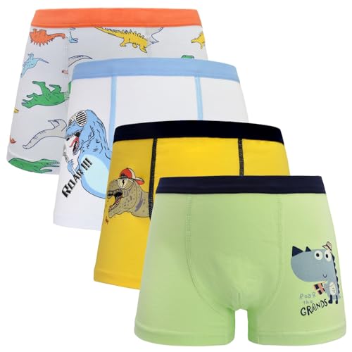 HYCLES Calzoncillos bóxer para niños de algodón, calzoncillos tipo bóxer, dinosaurios, ropa interior, 4 pares, 2-8 años, Roca amarilla+roca azul+fondo azul+verde, 7-8 años